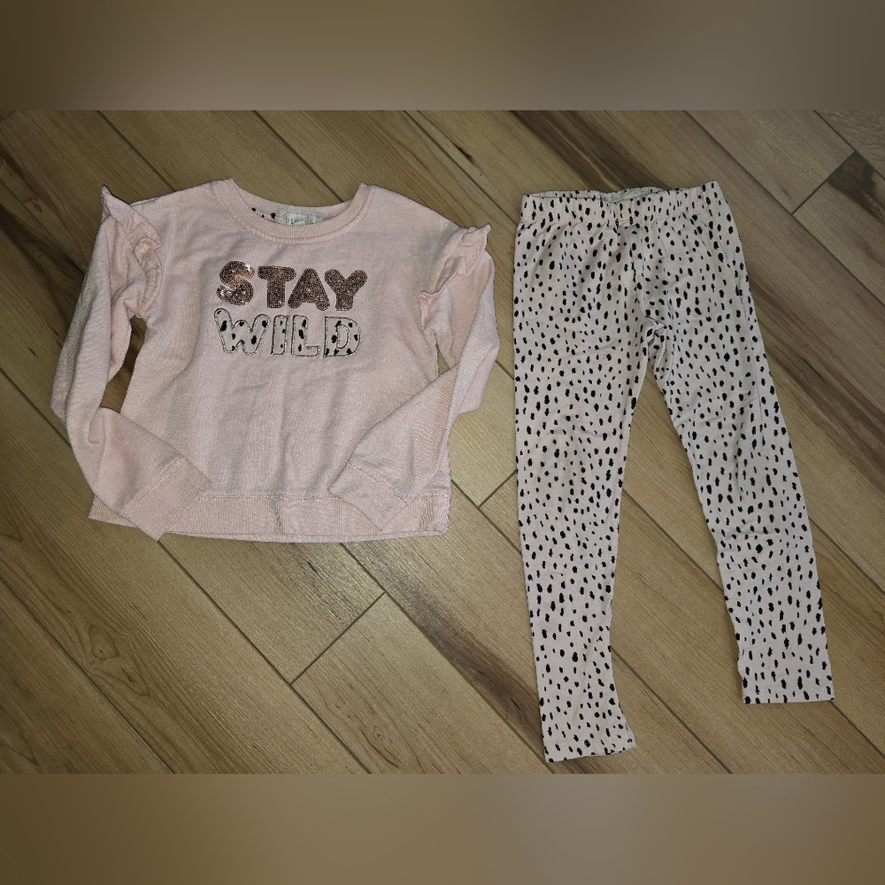 Pink 'Stay Wild' Sweatshirt and Polka Dot Leggings Set